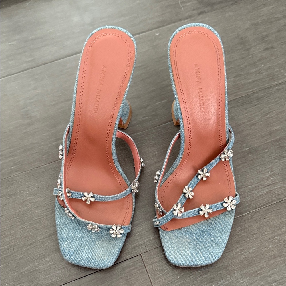 Amina Muaddi Denim Floral Embellished Heels